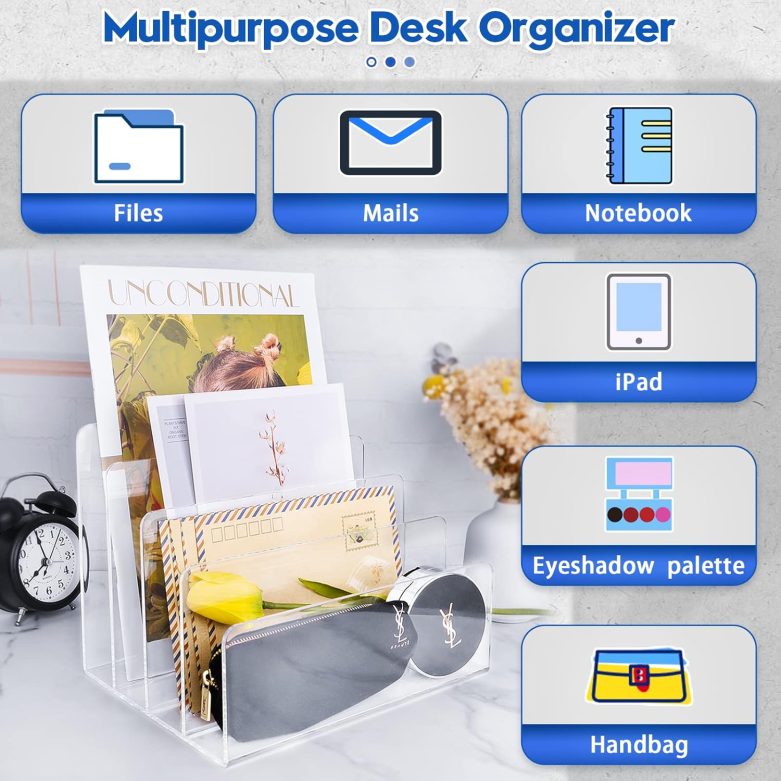 4 Section Acrylic File Organizer, Clear Desk Organizer and Accessories, Sturdy File Folder Holder Sorter, Office Supplies for Mail Letter Paper Electronic Notebook - Image 3