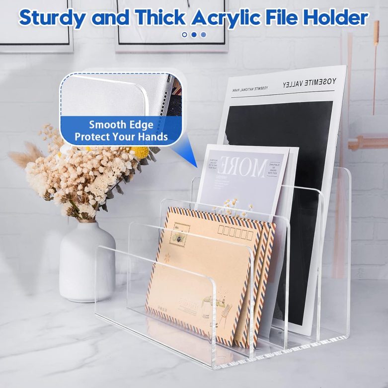 4 Section Acrylic File Organizer, Clear Desk Organizer and Accessories, Sturdy File Folder Holder Sorter, Office Supplies for Mail Letter Paper Electronic Notebook - Image 4