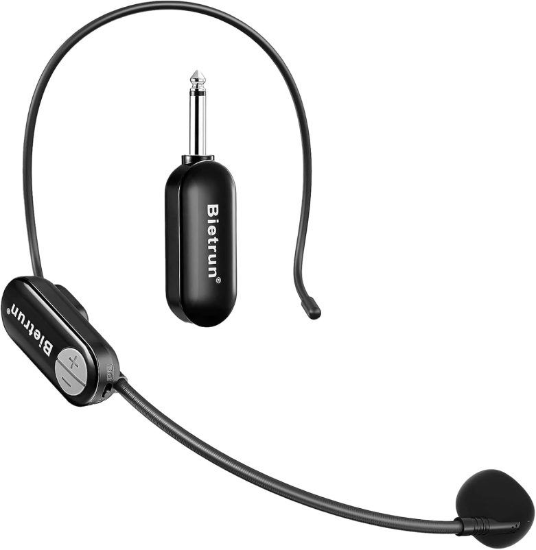 Bietrun Wireless Microphone Headset with 1/4''Plug, 165ft Range, UHF Wireless Headset Mic & Handheld Mic 2 in 1, for Karaoke Speaker, Amplifier, Mic Speakers, PA System, Teaching, Fitness (Black)