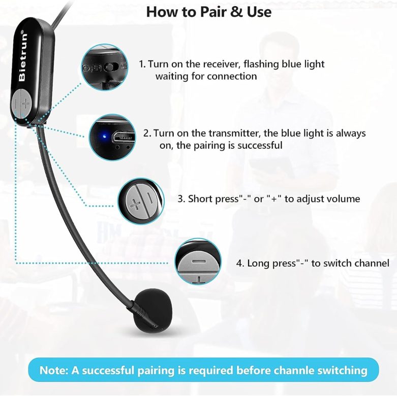 Bietrun Wireless Microphone Headset with 1/4''Plug, 165ft Range, UHF Wireless Headset Mic & Handheld Mic 2 in 1, for Karaoke Speaker, Amplifier, Mic Speakers, PA System, Teaching, Fitness (Black) - Image 4