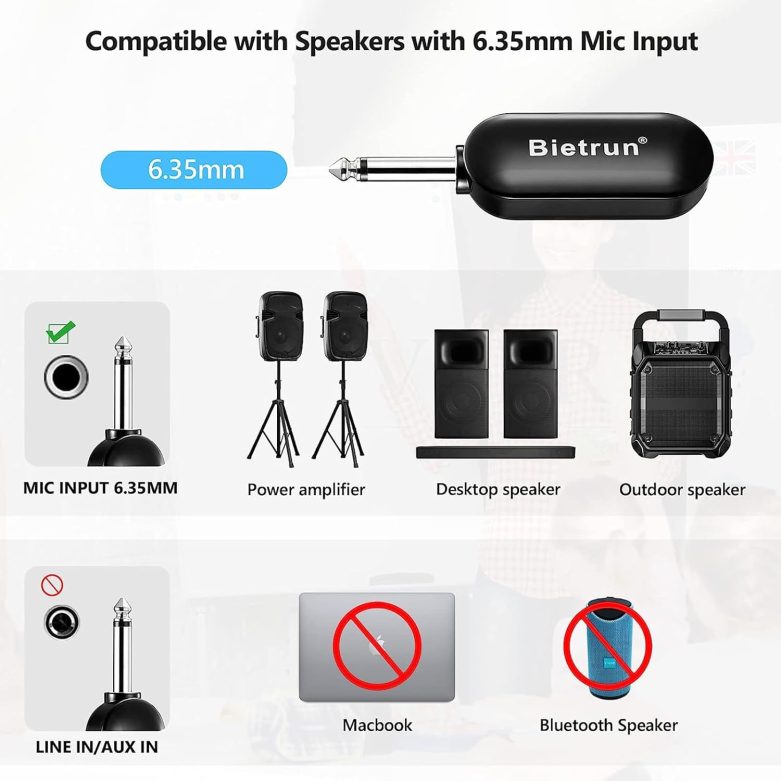 Bietrun Wireless Microphone Headset with 1/4''Plug, 165ft Range, UHF Wireless Headset Mic & Handheld Mic 2 in 1, for Karaoke Speaker, Amplifier, Mic Speakers, PA System, Teaching, Fitness (Black) - Image 7