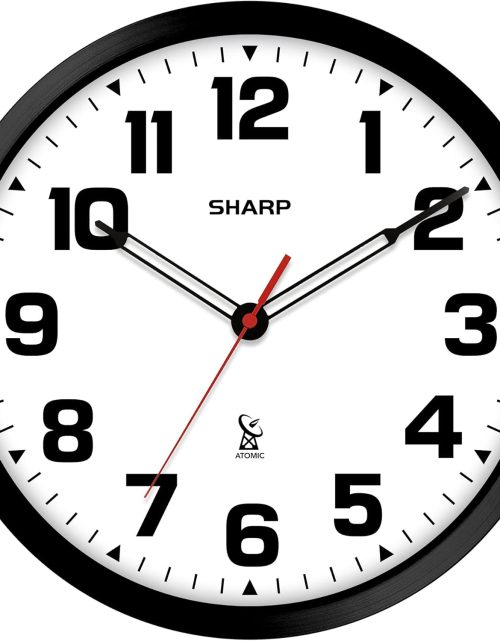 SHARP Atomic Analog Wall Clock - 12" Black Stylish Frame - Sets Automatically- Battery Operated - Easy to Read - Easy to Use – Modern Design and Style