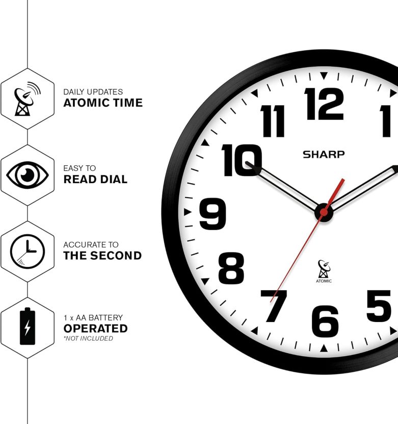 SHARP Atomic Analog Wall Clock - 12" Black Stylish Frame - Sets Automatically- Battery Operated - Easy to Read - Easy to Use – Modern Design and Style - Image 3