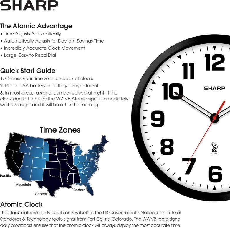 SHARP Atomic Analog Wall Clock - 12" Black Stylish Frame - Sets Automatically- Battery Operated - Easy to Read - Easy to Use – Modern Design and Style - Image 5