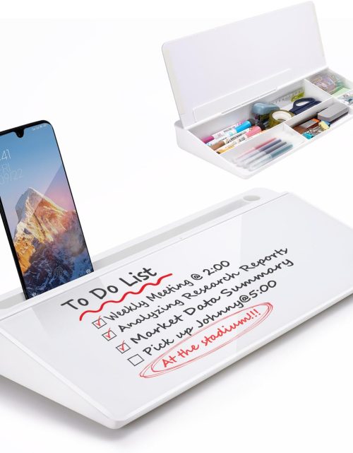 Small Glass Desktop Whiteboard Dry-Erase-Board - Computer Keyboard Stand White Board Surface Pad with Drawer, Desk Organizers with Accessories for Office, Home, School Supplies